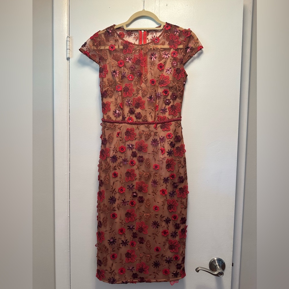 Bronx & Bronco Embroidered Floral Sheath Dress - Red on Nude size small